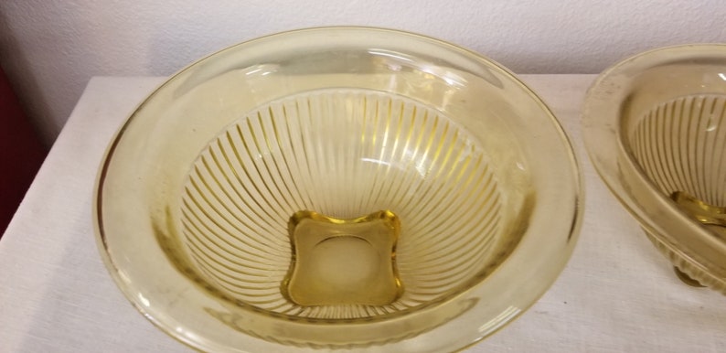 vintage kitchen ribbed bowl set Vintage Yellow Bowl Set footed bowls mixing bowls gold bowls 1950s bowls