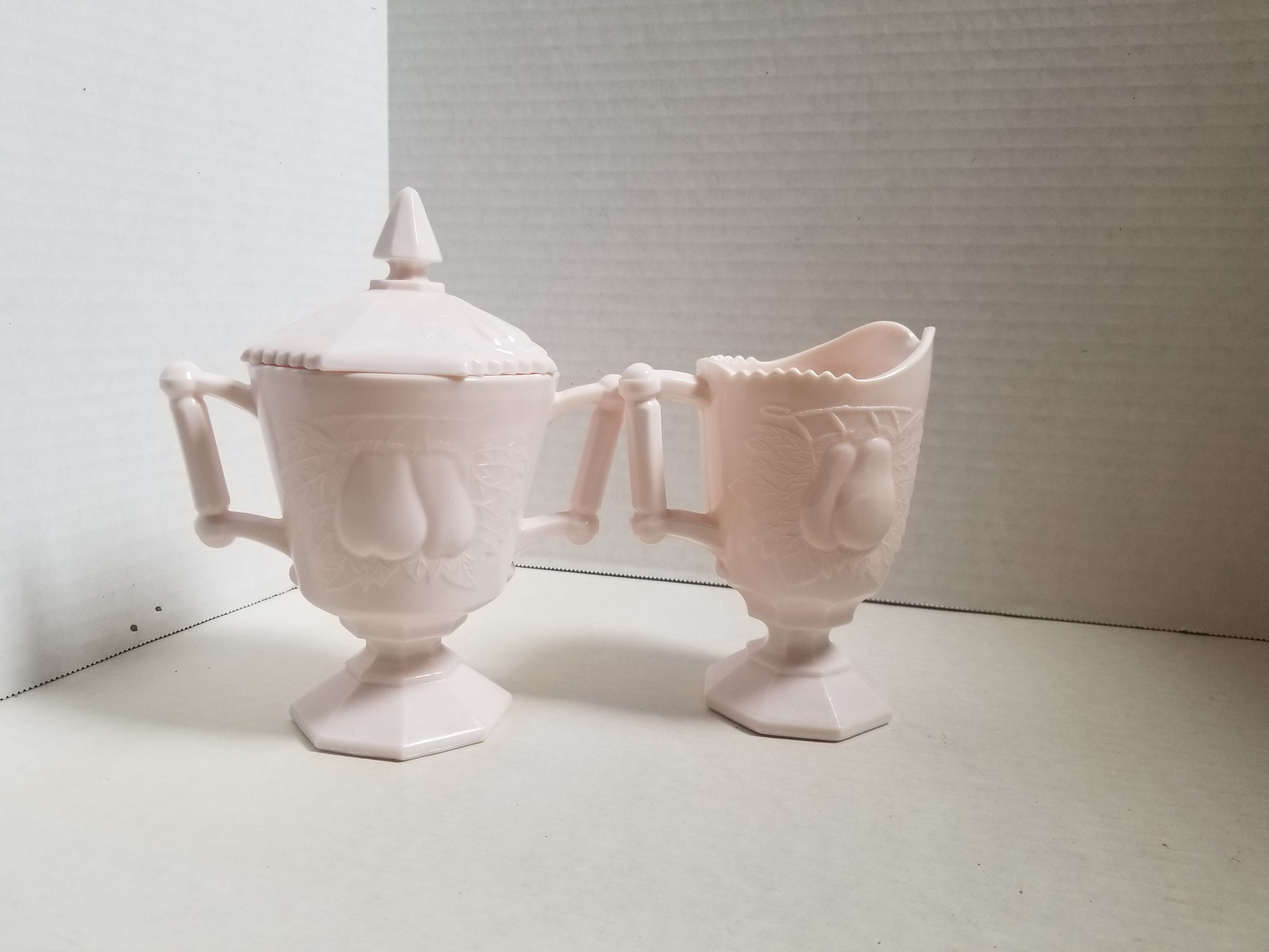 Vintage Pink Milk Glass Creamer and Sugar Etsy