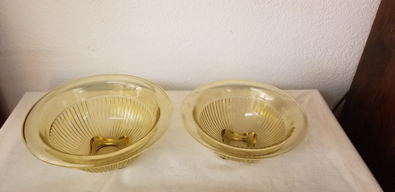 vintage kitchen ribbed bowl set Vintage Yellow Bowl Set footed bowls mixing bowls gold bowls 1950s bowls