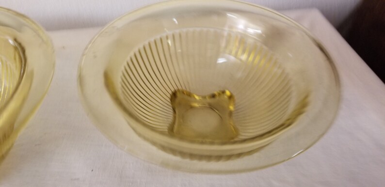 vintage kitchen ribbed bowl set Vintage Yellow Bowl Set footed bowls mixing bowls gold bowls 1950s bowls