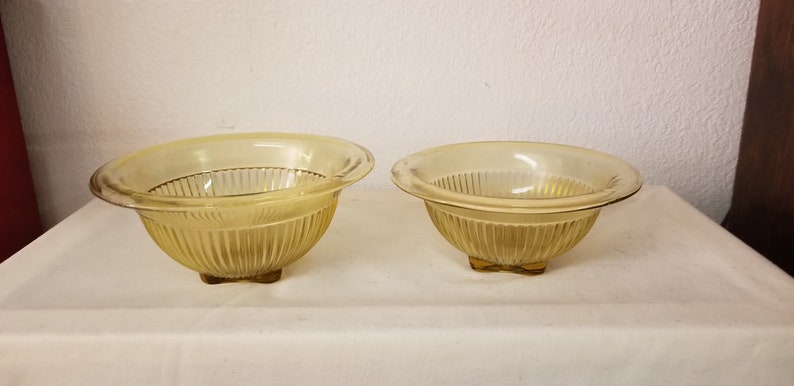 vintage kitchen ribbed bowl set Vintage Yellow Bowl Set footed bowls mixing bowls gold bowls 1950s bowls