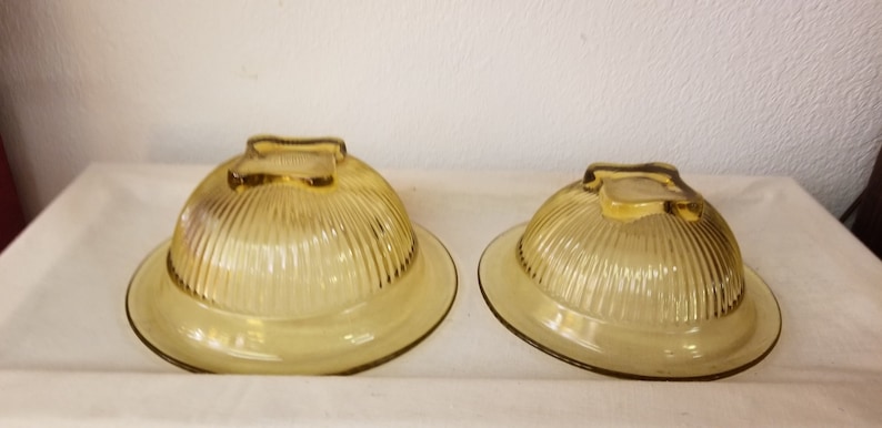 vintage kitchen ribbed bowl set Vintage Yellow Bowl Set footed bowls mixing bowls gold bowls 1950s bowls