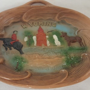 K&ouml;nnte beinhalten: Ein brauner Keramikteller mit einem bemalten Motiv von Wyoming. Der Teller zeigt einen Cowboy auf einem Pferd, ein Geb&auml;ude, eine Bergkette und eine Gabelantilope. Der Text "WYOMING", "STATE CAPITOL BUILDING" und "PRONGHORN ANTELOPE" ist auf dem Teller zu sehen.
