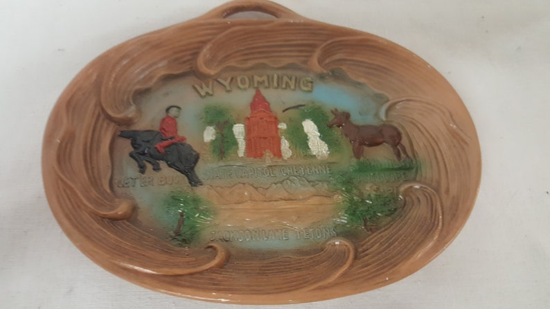 K&ouml;nnte beinhalten: Ein brauner Keramikteller mit einem bemalten Motiv von Wyoming. Der Teller zeigt einen Cowboy auf einem Pferd, ein Geb&auml;ude, eine Bergkette und eine Gabelantilope. Der Text "WYOMING", "STATE CAPITOL BUILDING" und "PRONGHORN ANTELOPE" ist auf dem Teller zu sehen.