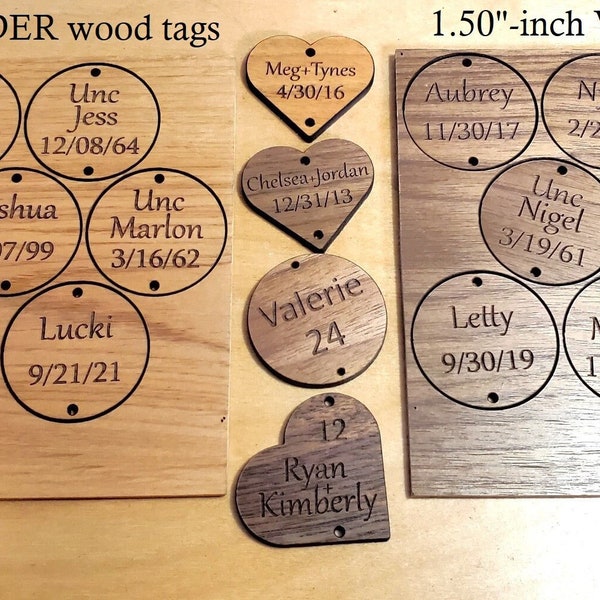 Family Birthday Board Tags 1.5" INCH, Discs, Hearts, Alder Wood, Walnut, Personalized, Laser Engraved, Anniversary, Reminder, Calendar, Wood