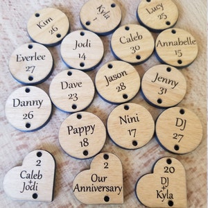 Family Birthday Board Tags 1.00"-INCH, ALDER Wood, Discs, Hearts, Personalized, Laser, Engraved, Anniversary, Reminder, Calendar, Wood