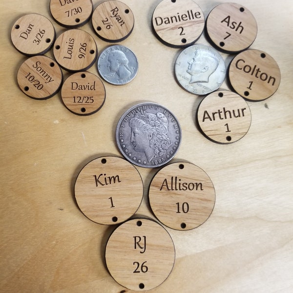 Family Birthday Board Discs, 1", 1.25", 1.5" INCH ALDER Wood, WALNUT Tags, Personalized, Laser, Engraved, Anniversary, Reminder, Calendar