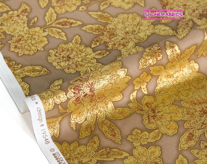 Fiorella Teal Metallic Gold Flowers Robert Kaufman Fabric 31 Inches