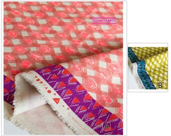 May include: A close-up of a pink and white fabric with a geometric pattern. The fabric has a purple and red border with a geometric pattern. The text "SOUHE FABRICS" is visible in the upper right corner of the image.