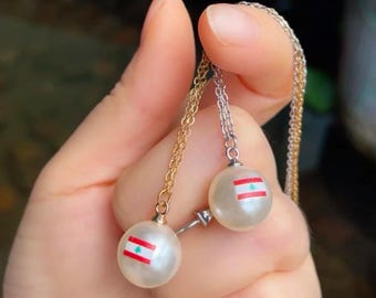 Lebanese Flag Pearl Necklace, Cedar Tree Pendant, Arabic Middle Eastern Jewelry