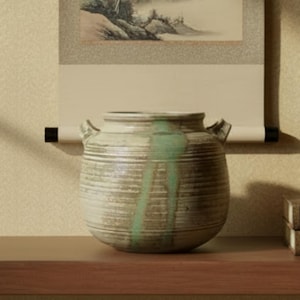 May include: A ceramic jar with a round body and two small handles. The jar is primarily beige with horizontal textured lines and green vertical streaks. It sits on a wooden shelf, with a scroll painting in the background.