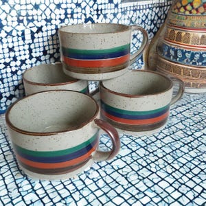 Set of 4 Vintage Scandinavian Rustic Ceramic Mugs | Stoneware Jumbo Coffee Cups | Nordic Farmhouse Kitchenware | Cozy Soup Bowls