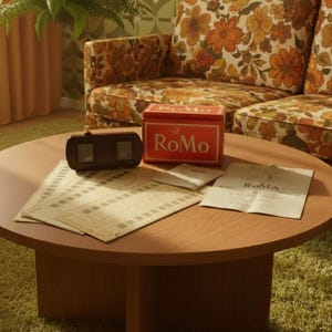 May include: A retro-style scene featuring a brown wooden coffee table with a vintage viewer, a red box with "RoMo" text, and printed papers. The background includes a floral patterned sofa and green carpet.