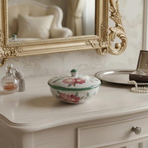 Op de afbeelding: Een decoratieve keramische sieradenschaal met deksel, met een bloemmotief in roze en groen. De schaal staat op een wit oppervlak, met een goudomrande spiegel en een parfumfles op de achtergrond. Een zilveren dienblad en een sieradendoos zijn ook zichtbaar.