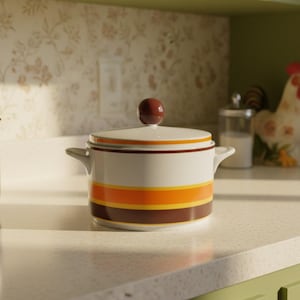 Op de afbeelding: Een witte keramische ovenschaal met een deksel. De schaal heeft een bruin, oranje en geel streepontwerp. Het heeft twee kleine handvatten en een bruine knop op het deksel. De schaal staat op een wit aanrecht.