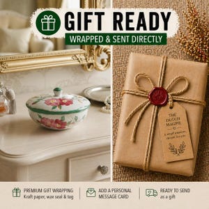 May include: A gift-wrapped package with a red wax seal and a tag that reads "THE DUTCH MAGPIE." A floral-decorated ceramic bowl with a lid sits on a white surface. The text "GIFT READY" is at the top.