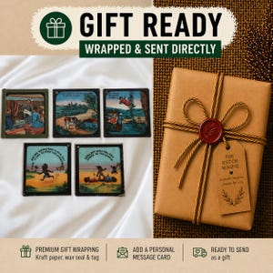 May include: A gift-wrapped package with a brown paper exterior, tied with twine and sealed with a red wax seal. Five antique glass slides with illustrations are displayed next to the gift. The text reads "GIFT READY" and "WRAPPED & SENT DIRECTLY".