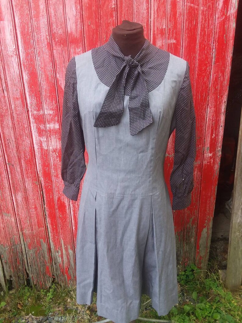 and Black and White polka dot dress knee length. Vintage 1960/'s Gray
