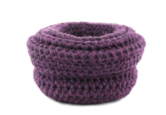 oval purple Handmade crochet basket for home décor and storage in textile wool