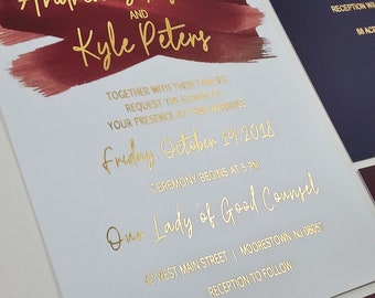 Custom Design Gold Foil Wedding Invitation, Watercolor Foil Printed Invitation, Burgundy Navy Design Gold Foil, Gorgeous Invite, Script Font
