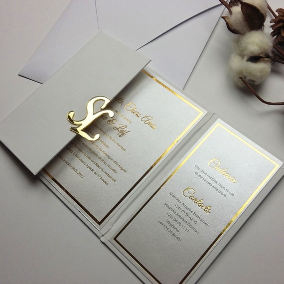 Initial Hard Cover Invitations White And Gold Hardcover Etsy