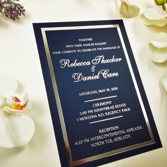 Navy Card Silver Real Foil Invitation Navy Blue Silver Foil Etsy