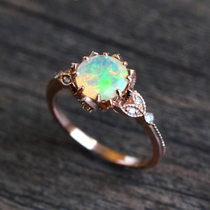 Evanthe Opal Engagement Ring, Vintage Floral Opal Ring, Opal Floral Engagement Ring, Rose Gold Opal Leaf Ring, 14K Gold, 18K Gold, Platinum