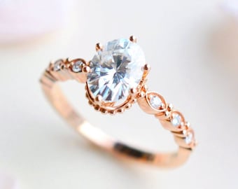 Evelina Moissanite Engagement Ring, Vintage Oval Moissanite Ring, Rose Gold Moissanite Engagement Ring, in 14K Gold, 18K Gold, Platinum