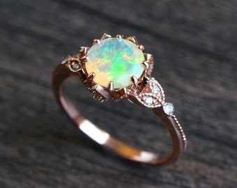 Evanthe Opal Engagement Ring, Vintage Floral Opal Ring, Opal Floral Engagement Ring, Rose Gold Opal Leaf Ring, 14K Gold, 18K Gold, Platinum