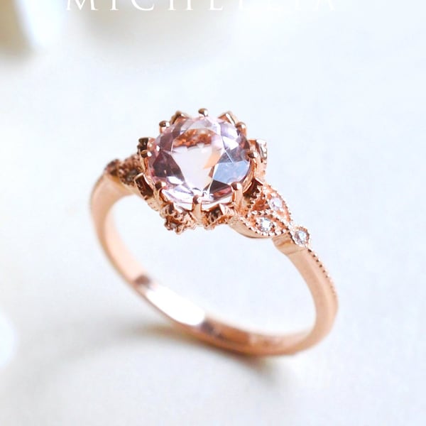 Evanthe Morganite Engagement Ring, Vintage Floral Morganite Ring, Rose Gold Floral Engagement Ring, Nature Inspired Leaf Morganite Ring