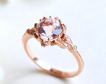 Evanthe Morganite Engagement Ring, Vintage Floral Morganite Ring, Rose Gold Floral Engagement Ring, Nature Inspired Leaf Morganite Ring