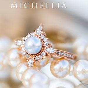 Astrid Pearl Engagement Ring, Art Deco Akoya Pearl Wedding Bridal Set, Saltwater Pearl, 14K 18K Gold Platinum Vintage Engagement Ring Set