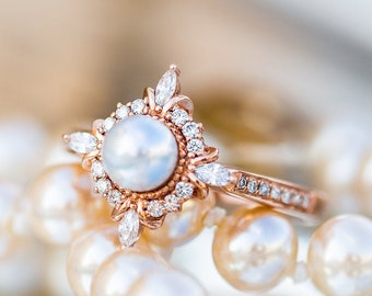 Astrid Pearl Engagement Ring, Art Deco Akoya Pearl Wedding Bridal Set, Saltwater Pearl, 14K 18K Gold Platinum Vintage Engagement Ring Set