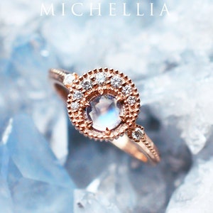 Luna Moonstone Engagement Ring, Crescent Moon Engagement Ring, Galaxy Ring, Moonstone and Star Wedding Set, in 14K Gold, 18K Gold, Platinum