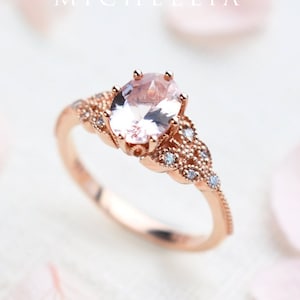 Olivia Morganite Engagement Ring, Floral Morganite Ring, Oval Morganite Ring Set, Rose Gold Morganite Bridal Set, Morganite Leaf Wedding Set image 1