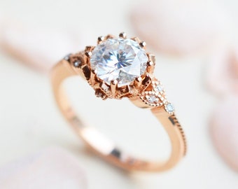 Evanthe Moissanite Engagement Ring, Vintage Floral Moissanite Ring, Floral Engagement Ring, Rose Gold Floral Ring, Leaf Engagement Ring