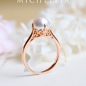 Marguerite Pearl Engagement Ring, Vintage Solitaire Akoya Pearl Ring, Rose Gold Pearl Engagement Ring, in 14K Gold, 18K Gold, Platinum