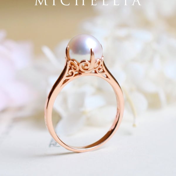Marguerite Pearl Engagement Ring, Vintage Solitaire Akoya Pearl Ring, Rose Gold Pearl Engagement Ring, in 14K Gold, 18K Gold, Platinum