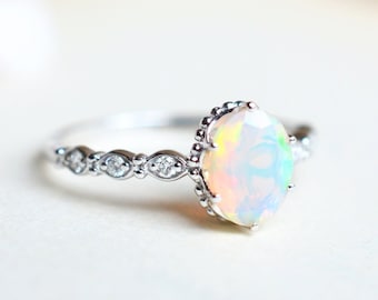 Evelina Opal Engagement Ring, Vintage Crown Oval Opal Ring, Art Deco Opal Oval Engagement Ring, Rose Gold White Gold Platinum Opal Ring