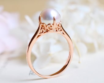 Marguerite Pearl Engagement Ring, Vintage Solitaire Akoya Pearl Ring, Rose Gold Pearl Engagement Ring, in 14K Gold, 18K Gold, Platinum