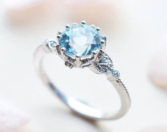 Evanthe Aquamarine Engagement Ring, Vintage Floral Aquamarine Ring, White Gold Aquamarine Leaf Engagement Ring, 14K Gold, 18K Gold, Platinum