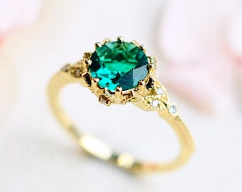 Evanthe Emerald Engagement Ring, Vintage Floral Lab Emerald Ring, Rose Gold Emerald Leaf Engagement Ring, 14K 18K White Yellow Gold Platinum