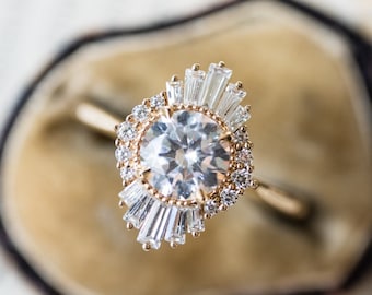 Georgiana Vintage Deco Duchess Engagement Ring in Diamond or Moissanite, Starburst Ballerina Lab Diamond Ring, Forever One Moissaite Ring