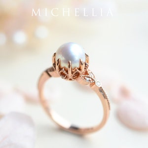 Evanthe Pearl Engagement Ring, Vintage Floral Akoya Pearl Ring, Rose Gold Pearl Leaf Floral Engagement Ring, 14K Gold, 18K Gold, Platinum image 1