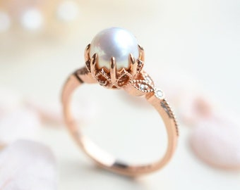 Evanthe Pearl Engagement Ring, Vintage Floral Akoya Pearl Ring, Rose Gold Pearl Leaf Floral Engagement Ring, 14K Gold, 18K Gold, Platinum