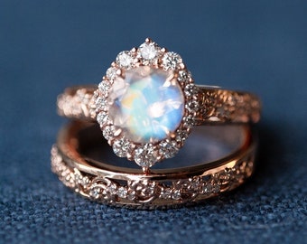 Ophelia Moonstone Engagement Ring, Bridal Set, Rococo Opulence Diamond Ring, Vintage Victorian Engagement Ring, 14K 18K Gold, Platinum