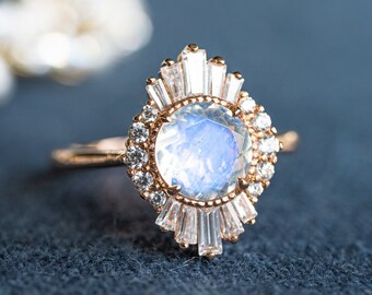 Georgiana Vintage Deco Duchess Moonstone Engagement Ring, Starburst Ballerina Moonstone and Diamond Ring, Antique French Diamond Ring