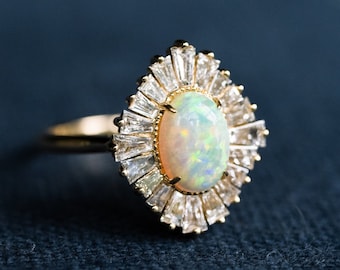 Athena Oval Australian Opal Engagement Ring, Vintage Art Deco Starburst Ballerina Opal Diamond Ring, Antique French Diamond Ring