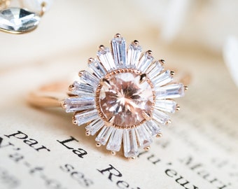 Artemis Vintage Deco Goddess Morganite Engagement Ring, Art Deco Ballerina Pink Morganite Diamond Ring, Antique French Rose Gold Ring