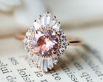 Georgiana Morganite Engagement Ring, Art Deco Starburst Ballerina Pink Morganite and Diamond Ring, Antique French Rococo Diamond Ring